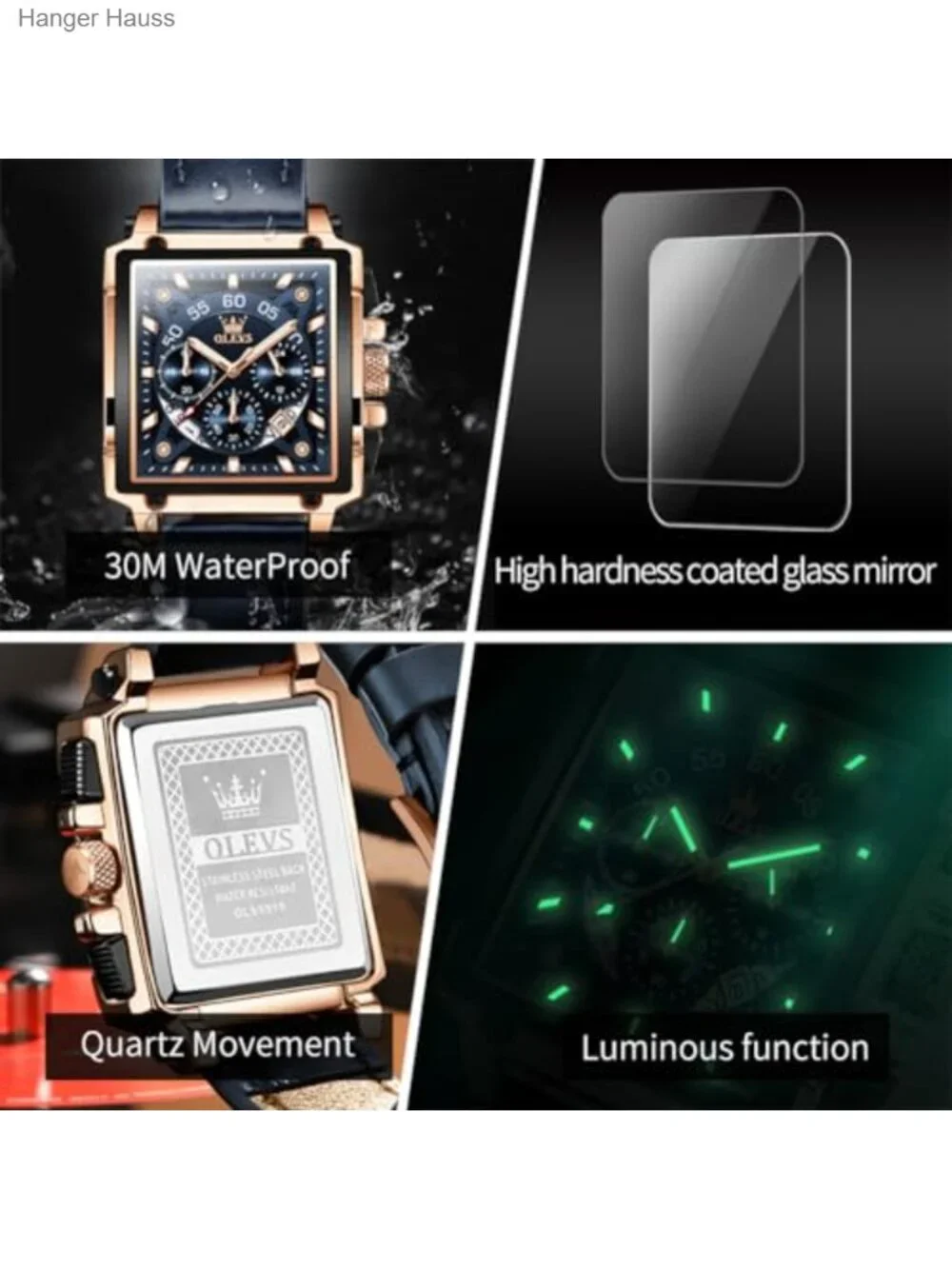 Men's Square Dial Quartz Leather Watch Waterproof Casual Date Display Analog